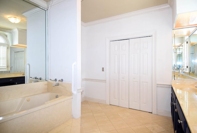 bathroom with vanity, a bath, crown molding, and tile patterned flooring