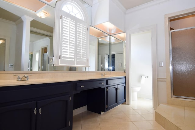 full bath with tile patterned flooring, ornamental molding, a stall shower, and a sink