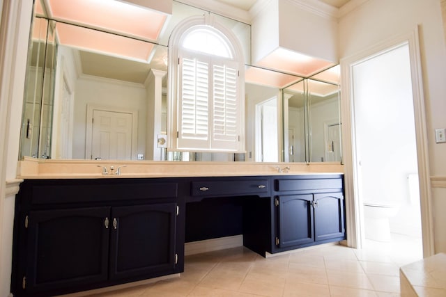 full bath with crown molding, double vanity, and a sink