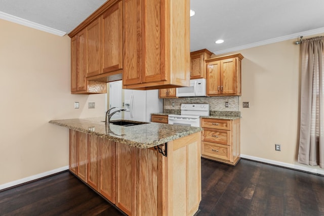 kitchen with backsplash, crown molding, a peninsula, white appliances, and a sink