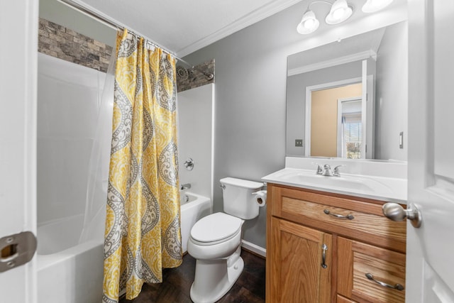 full bathroom featuring vanity, crown molding, shower / tub combo, and toilet