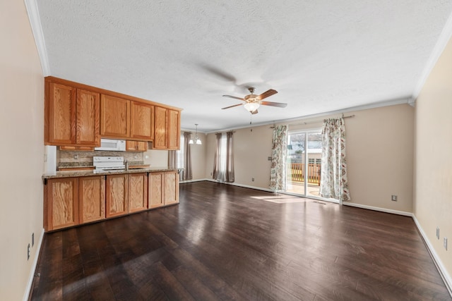 kitchen featuring white microwave, open floor plan, ceiling fan with notable chandelier, stove, and dark wood-style flooring