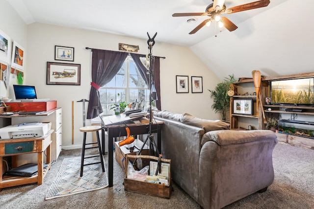 carpeted living room featuring visible vents, ceiling fan, and vaulted ceiling