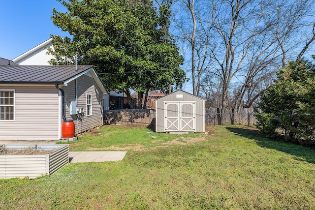 view of yard with a storage shed, an outbuilding, and a fenced backyard