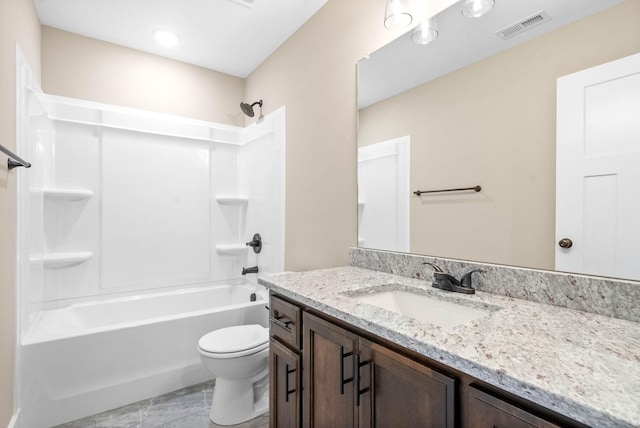 full bathroom featuring vanity, toilet, bathtub / shower combination, and visible vents