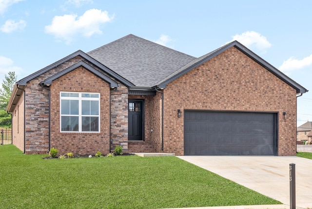 ranch-style home with brick siding, a front lawn, concrete driveway, roof with shingles, and a garage