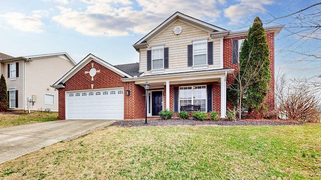 traditional home featuring concrete driveway, a garage, brick siding, and a front lawn