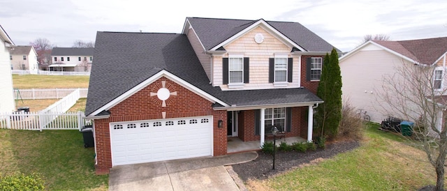 traditional-style home featuring an attached garage, brick siding, a porch, and driveway