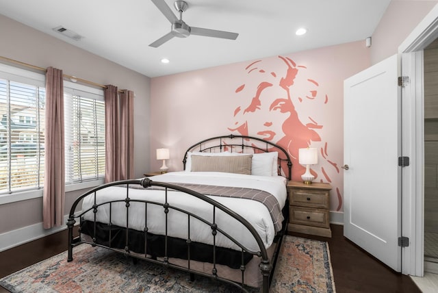 bedroom with visible vents, wood finished floors, recessed lighting, baseboards, and ceiling fan