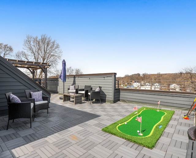 view of patio / terrace featuring outdoor lounge area and a pergola