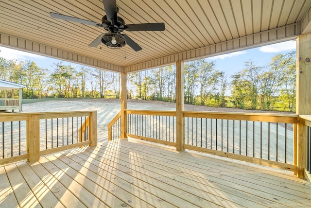 deck featuring a ceiling fan and a water view