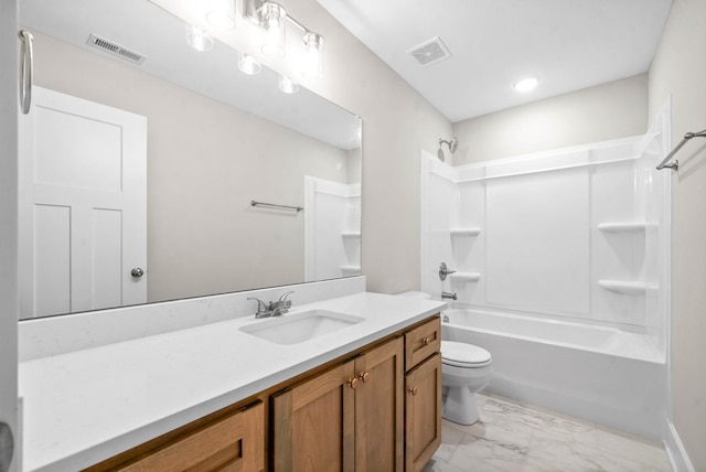 bathroom featuring visible vents, toilet, marble finish floor, and vanity