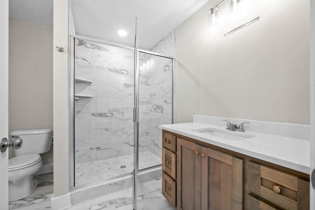 full bathroom with a marble finish shower, marble finish floor, toilet, and vanity