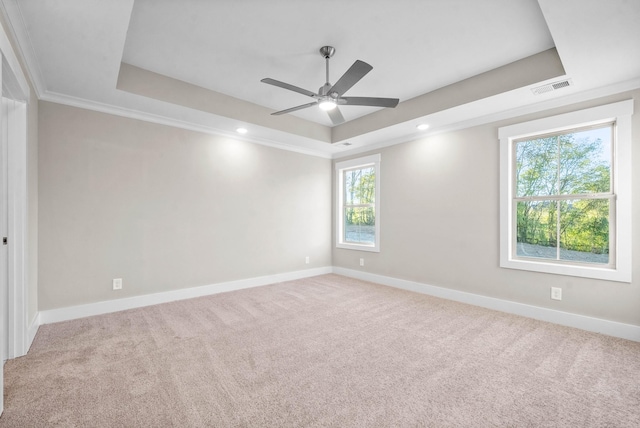 empty room with a tray ceiling, carpet, visible vents, and baseboards