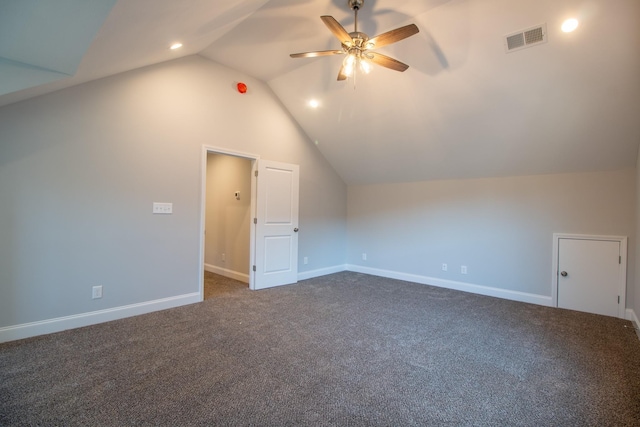 bonus room with lofted ceiling, baseboards, visible vents, and ceiling fan