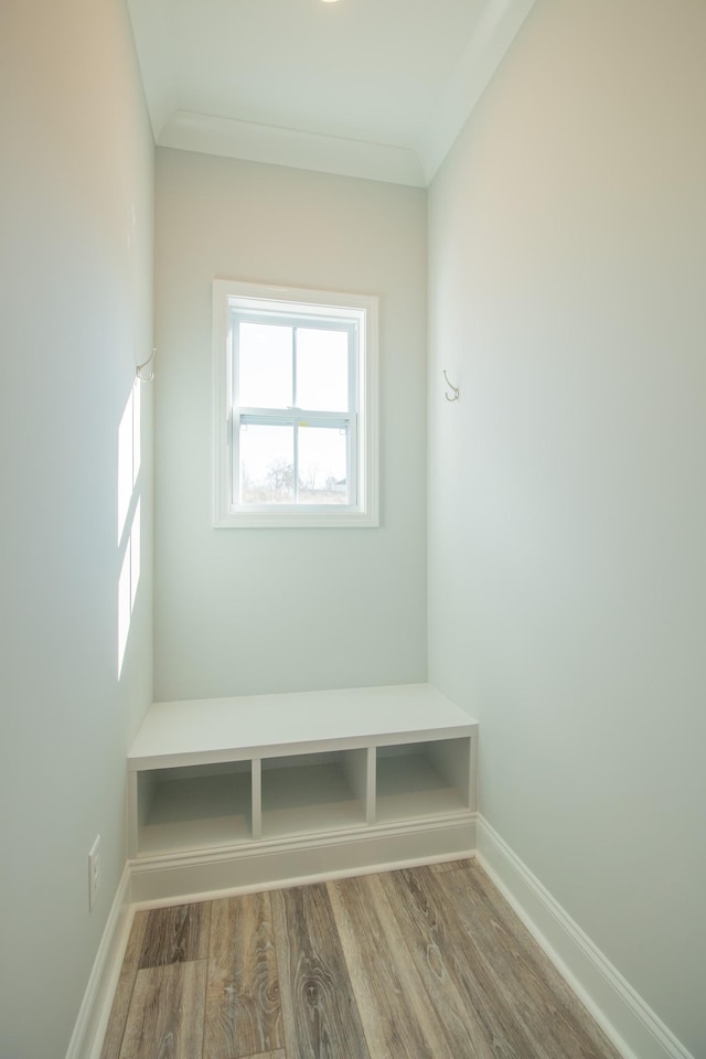 mudroom featuring crown molding, wood finished floors, and baseboards