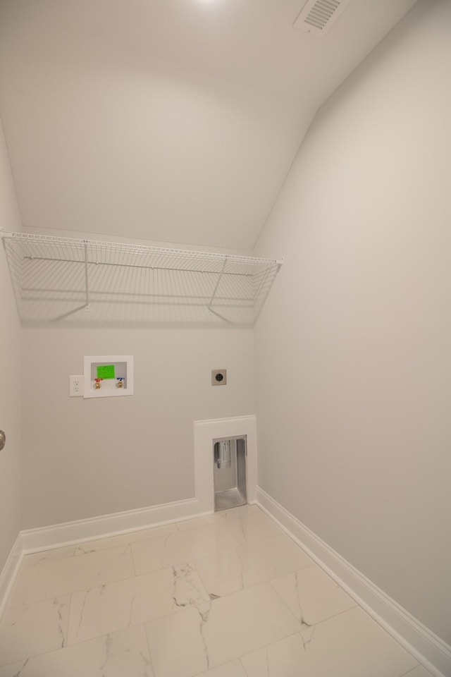 laundry room with hookup for a washing machine, baseboards, hookup for an electric dryer, laundry area, and marble finish floor