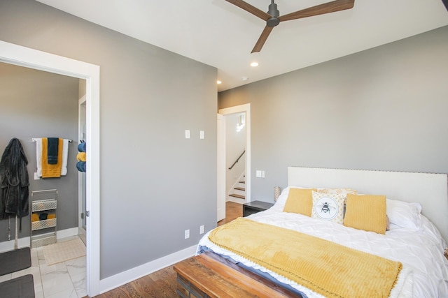 bedroom featuring recessed lighting, a ceiling fan, and baseboards