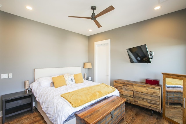 bedroom featuring recessed lighting, ceiling fan, and wood finished floors