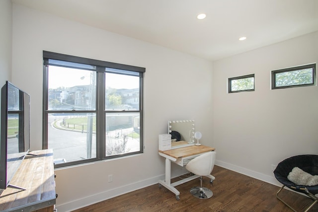 office area with recessed lighting, baseboards, and wood finished floors