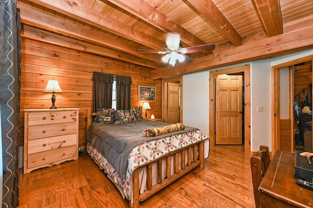 bedroom with beam ceiling, wood finished floors, wooden ceiling, and wood walls