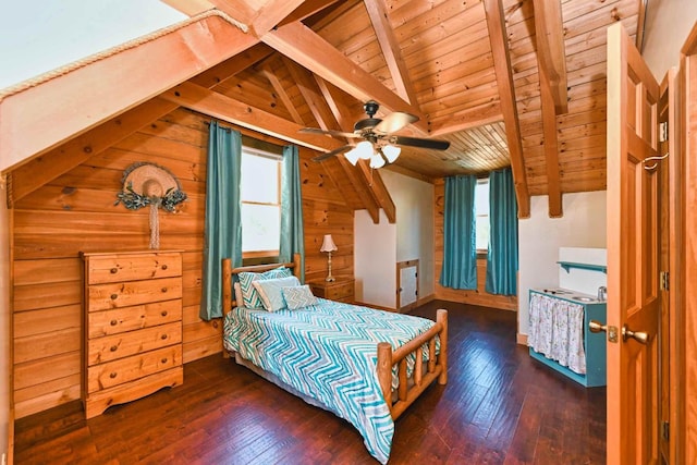 bedroom featuring lofted ceiling with beams, hardwood / wood-style floors, wooden ceiling, and wood walls