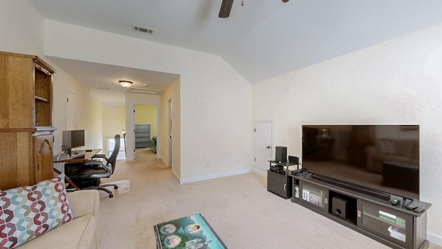 living room with visible vents, ceiling fan, baseboards, vaulted ceiling, and light carpet