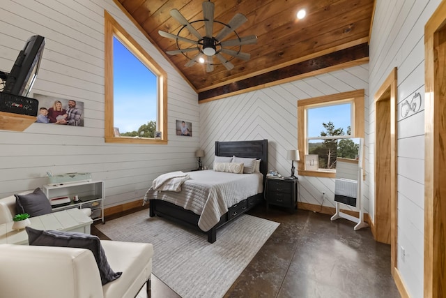 bedroom with multiple windows, wood ceiling, concrete flooring, and lofted ceiling