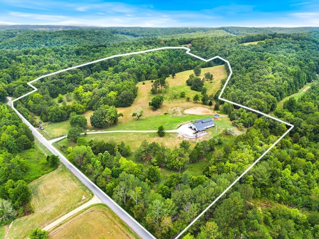 drone / aerial view with a wooded view