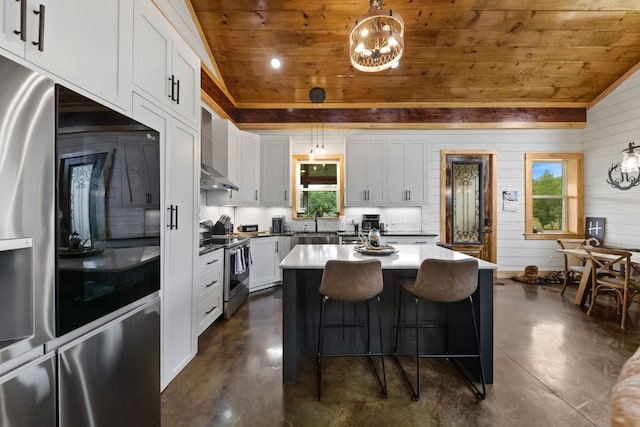 kitchen with vaulted ceiling, wall chimney range hood, wood ceiling, and stainless steel appliances