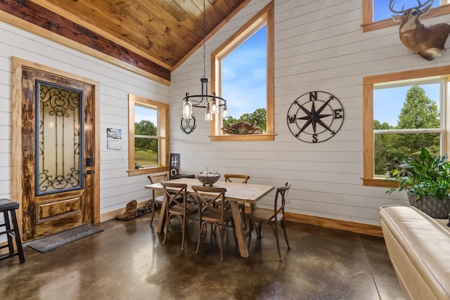 dining space featuring wood ceiling, lofted ceiling, a healthy amount of sunlight, and finished concrete flooring