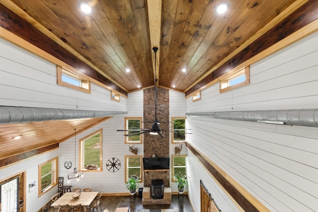 room details featuring a ceiling fan, wooden ceiling, recessed lighting, and a fireplace