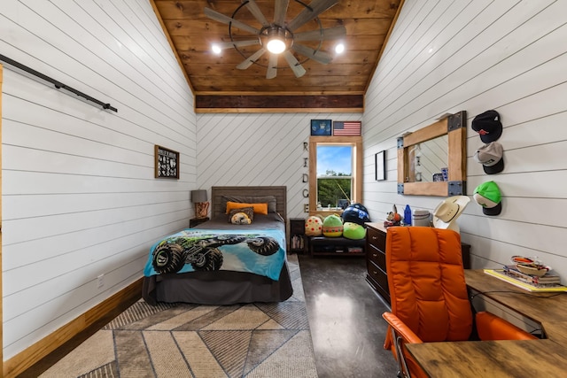 bedroom with wood finished floors, wooden ceiling, and vaulted ceiling