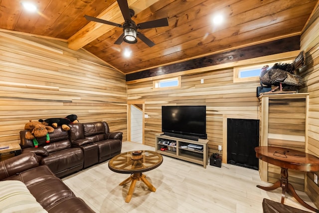 living room featuring wooden walls, wood ceiling, lofted ceiling with beams, wood finished floors, and a ceiling fan