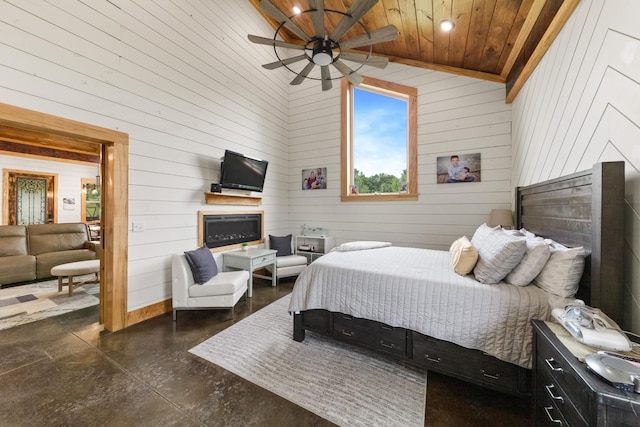 bedroom with high vaulted ceiling, wood ceiling, finished concrete floors, and a ceiling fan