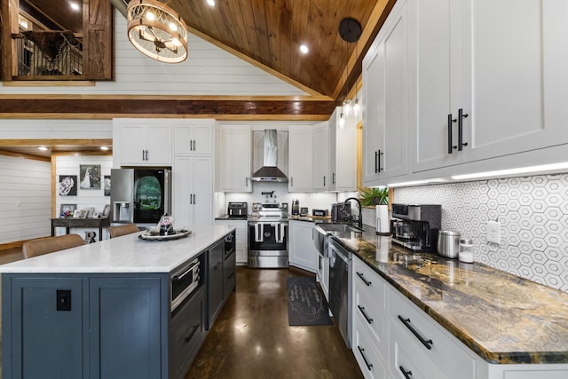 kitchen featuring backsplash, a kitchen island, stainless steel appliances, wall chimney exhaust hood, and white cabinets