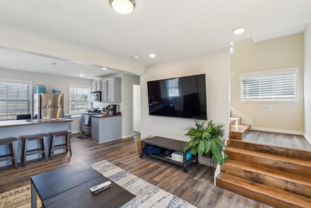 315B Bill Hunter Rd, Celina, TN 38551 - living area featuring recessed lighting, baseboards, dark wood finished floors, and stairs