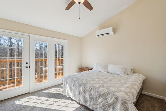 315B Bill Hunter Rd, Celina, TN 38551 - bedroom with baseboards, carpet, an AC wall unit, lofted ceiling, and access to outside