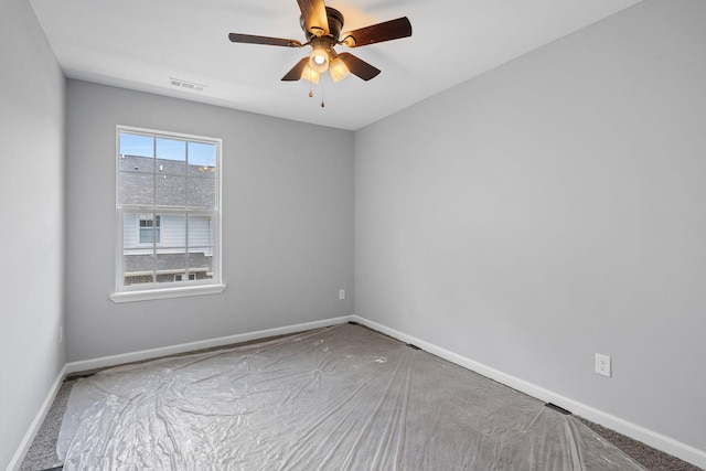 empty room featuring visible vents, baseboards, and ceiling fan