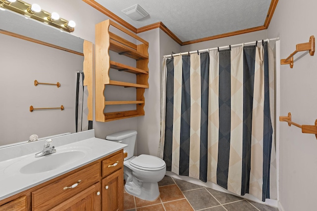 bathroom with visible vents, toilet, ornamental molding, tile patterned flooring, and vanity