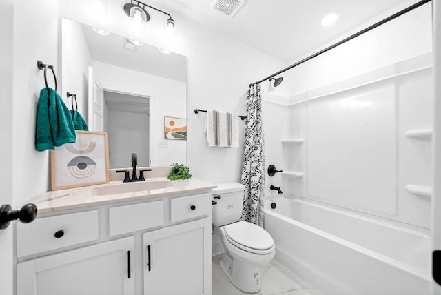 bathroom featuring visible vents, toilet, marble finish floor, shower / tub combo, and vanity