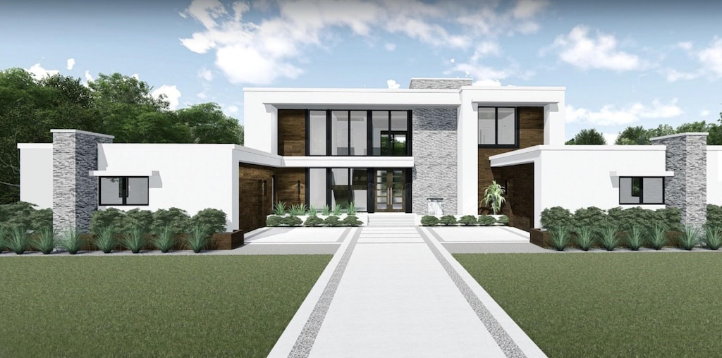 exterior space featuring stone siding, stucco siding, and french doors