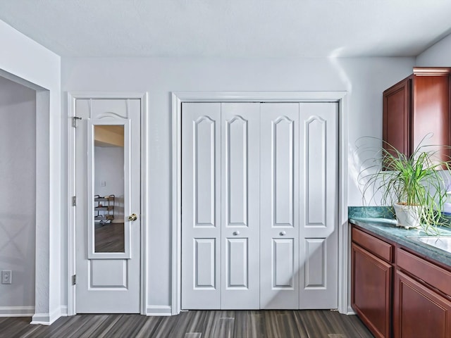 interior space featuring baseboards, a closet, and dark wood-style flooring