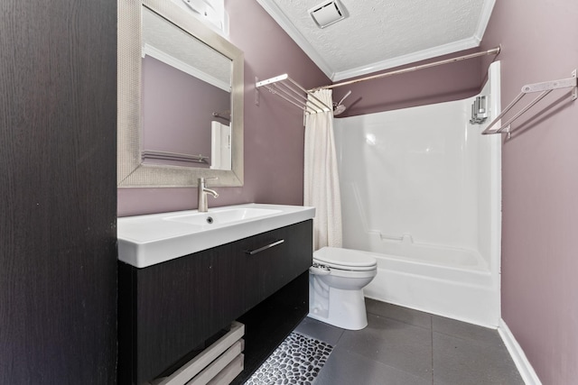 bathroom with tile patterned floors, visible vents, toilet, a textured ceiling, and vanity