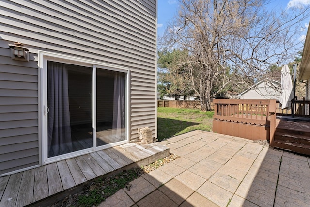 view of patio / terrace featuring a wooden deck and fence