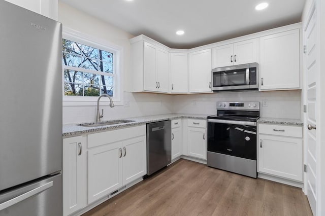 kitchen featuring a sink, stainless steel appliances, light wood-style floors, white cabinets, and decorative backsplash