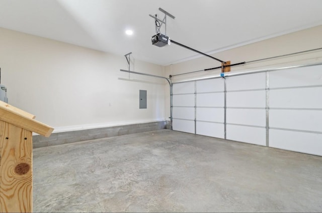 garage with electric panel and a garage door opener