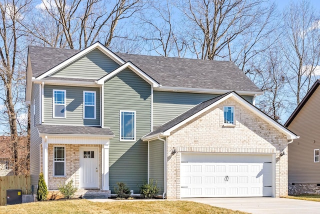 view of front of house featuring brick siding, fence, concrete driveway, roof with shingles, and a garage