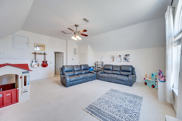 living area with visible vents, lofted ceiling, carpet, and ceiling fan