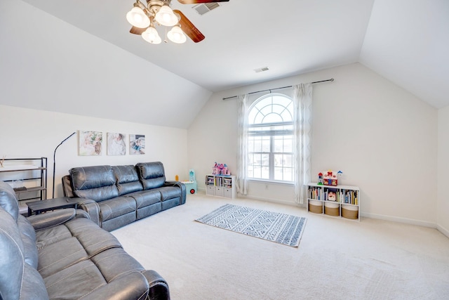 carpeted living room with visible vents, ceiling fan, baseboards, and vaulted ceiling